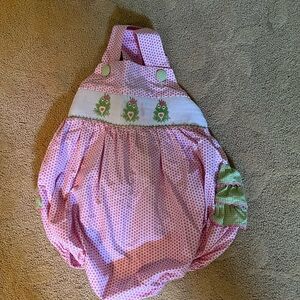 Smocked Bubble Polka Dot Gingham Ruffled Romper Pink Green Embroidered Frogs